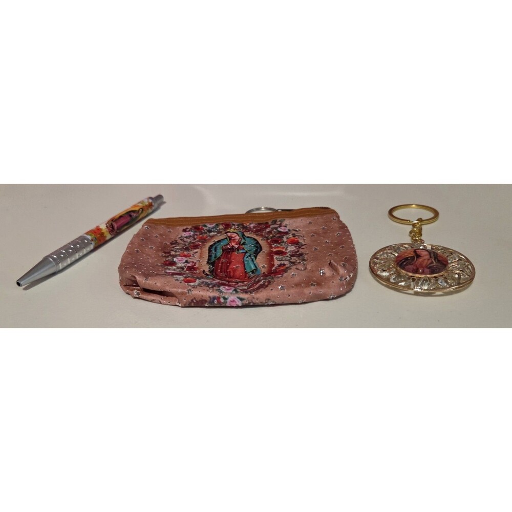 Virgin Mary Religious tan/brown Floral Coin Pouch, sparkly Keychain and pen.